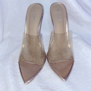 kilo peep toe perspex clear heel mule in nude patent